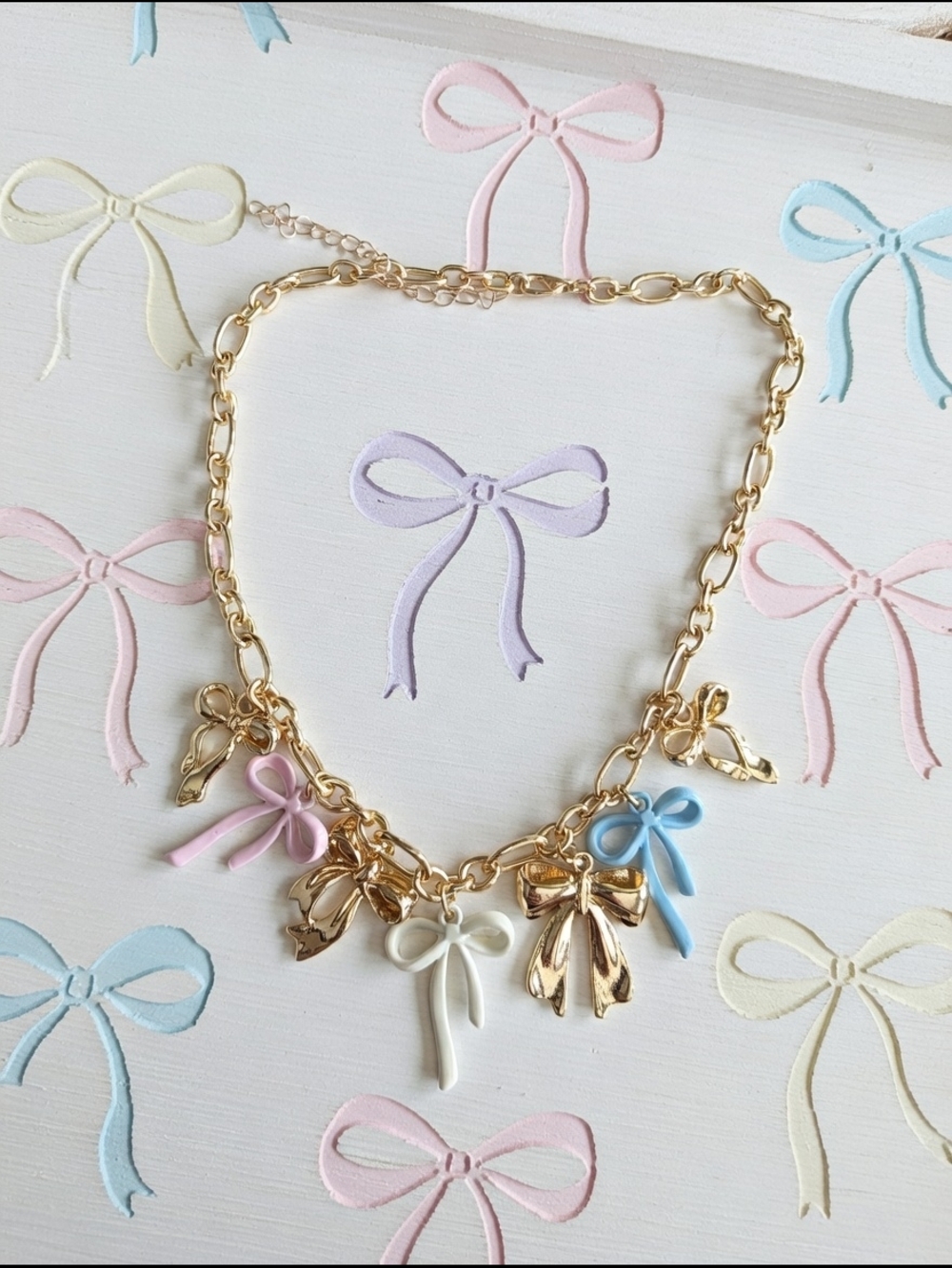 Gold Bow Charm Necklace with Pastel Accents